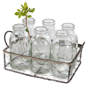 Wire Basket with 6 Mini 'School Style' Milk Bottles